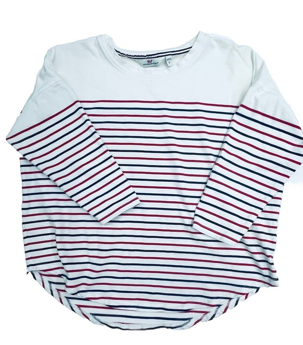 Vineyard Vines Womens Striped Boatneck Size S White Red Navy 3/4 Sleeve Tee